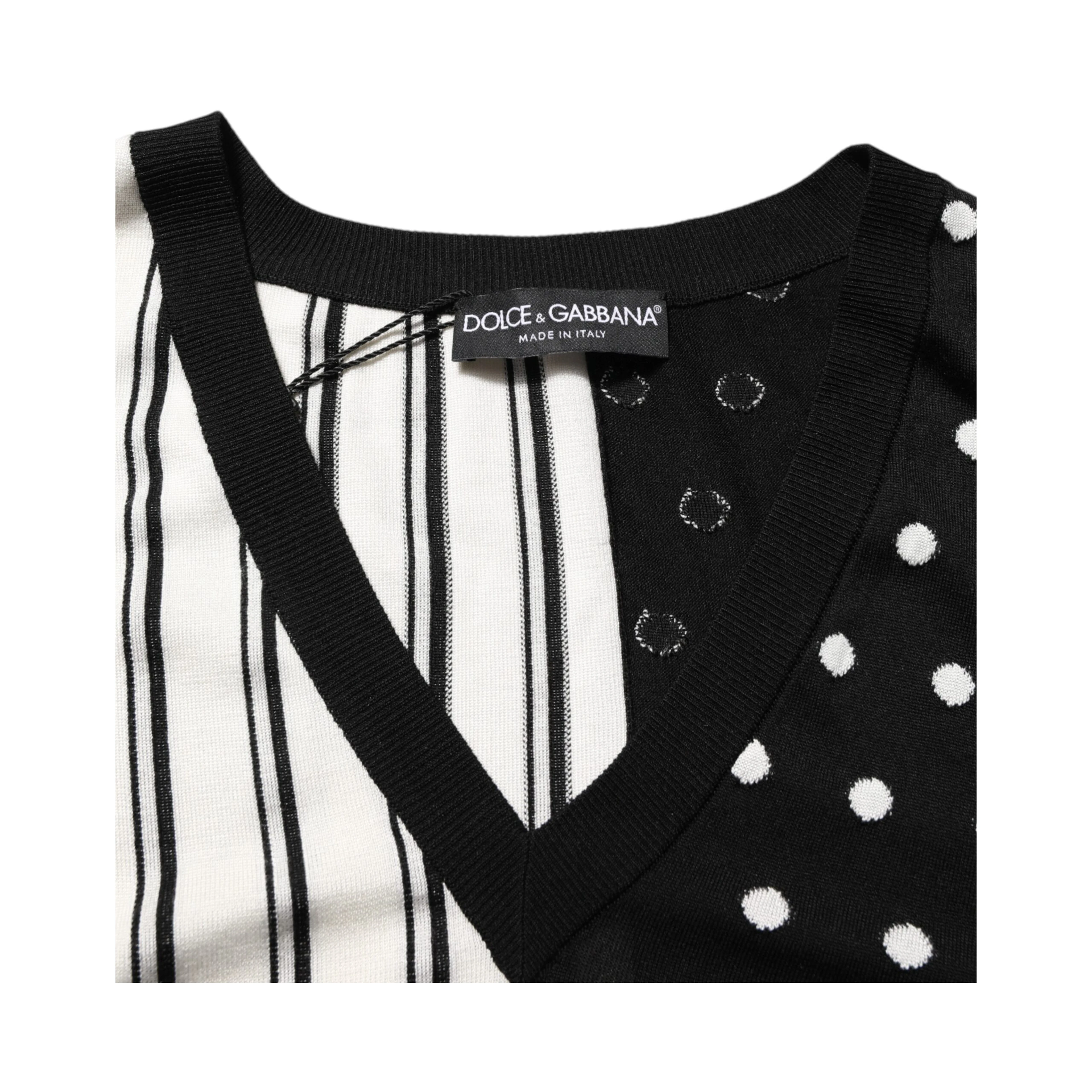 Black White Stripe Polka V-Neck Pullover Sweater