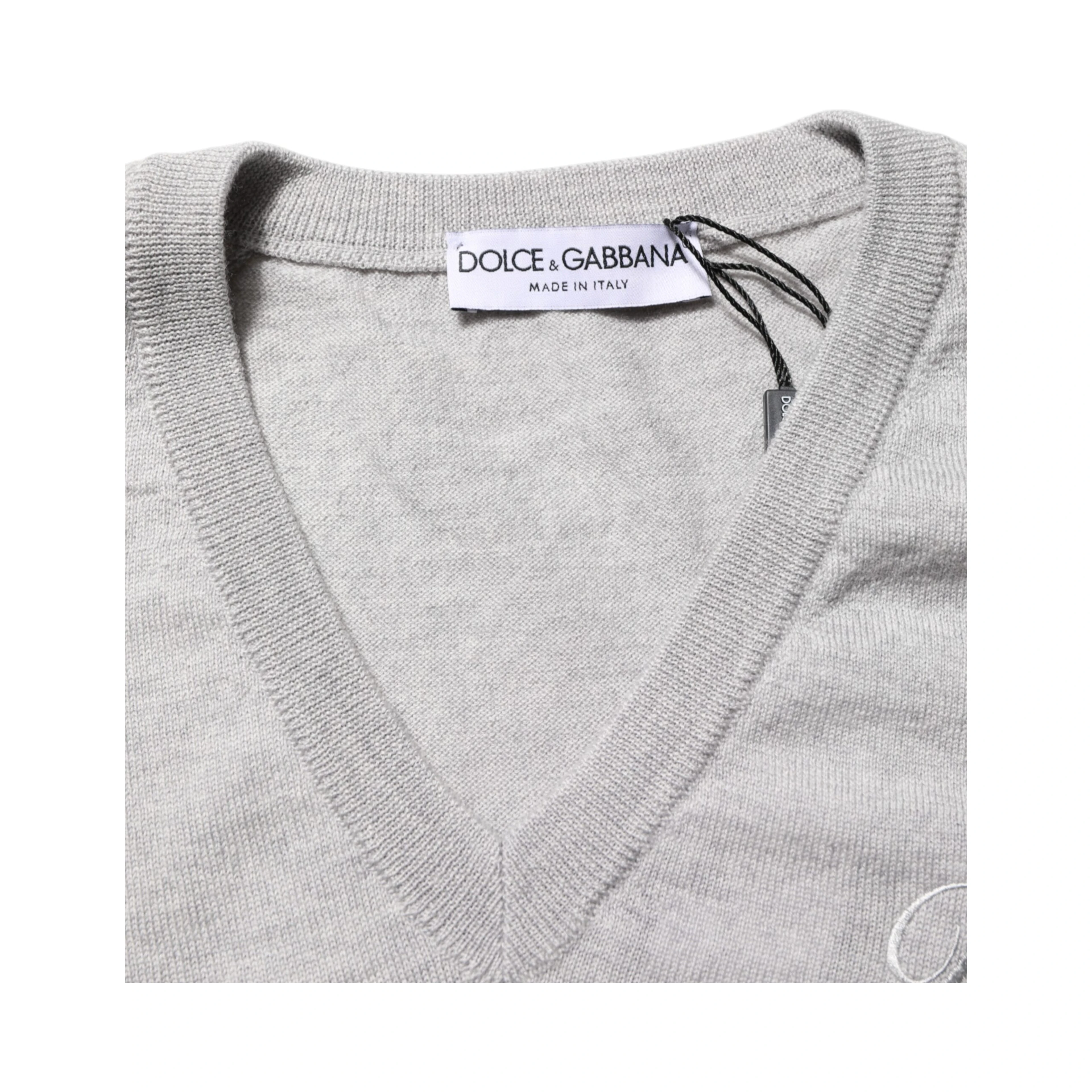 Gray Wool Knit Logo V-Neck Pullover Sweater