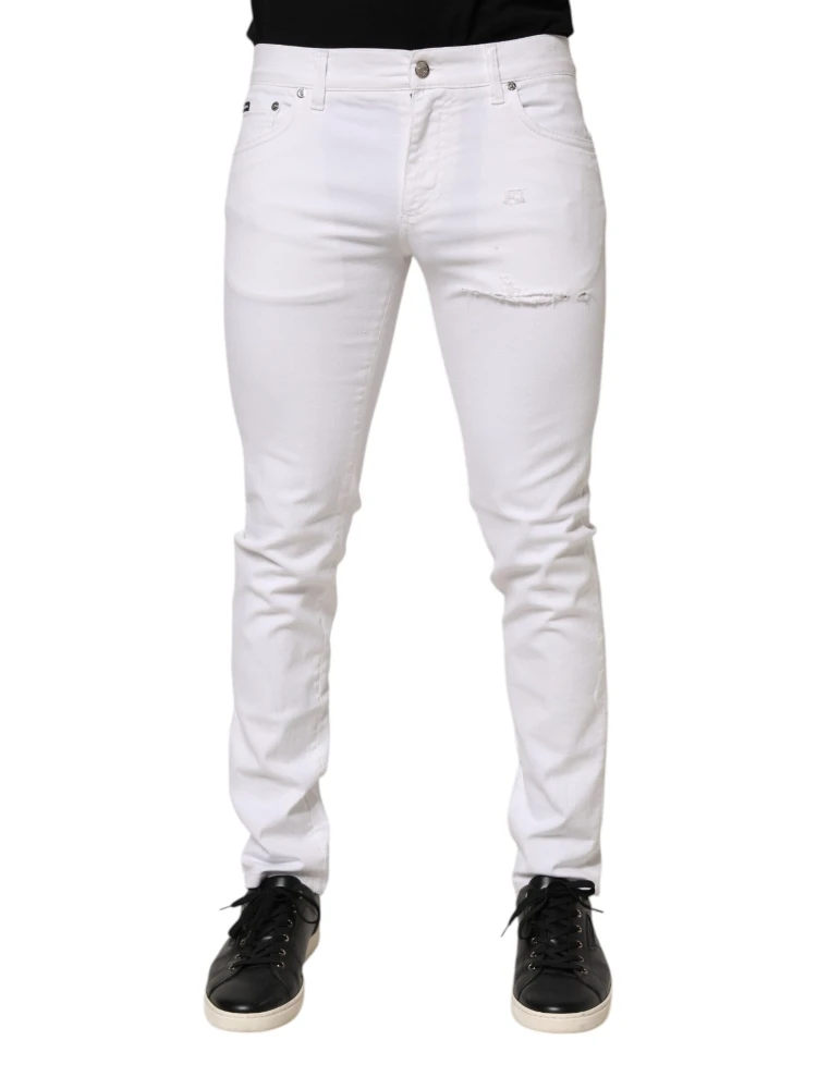 White Ripped Cotton Skinny Men Denim Jeans