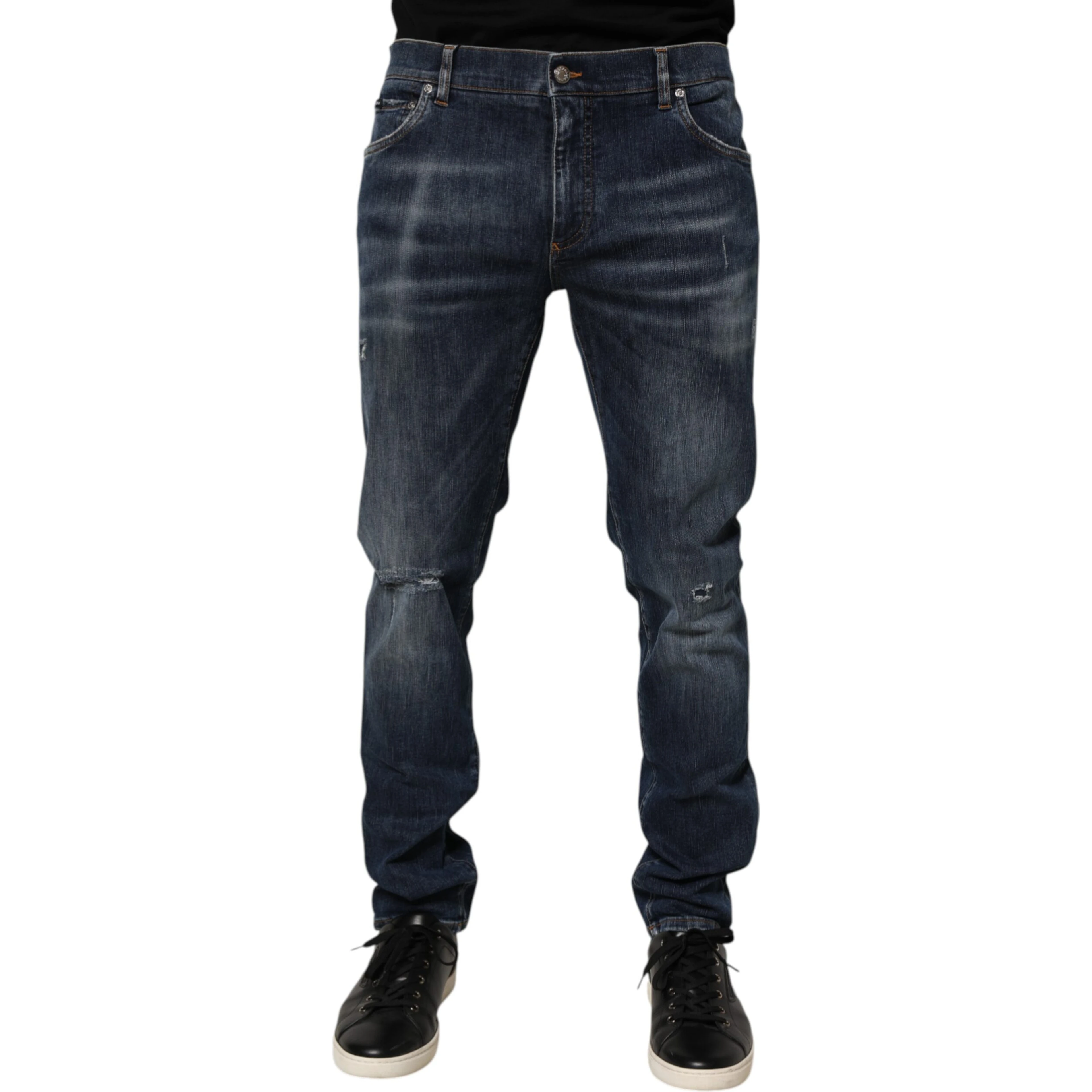Dark Blue Washed Running Ripped Denim Jeans