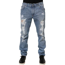 Blue Tattered Slim Fit Cotton Denim Jeans