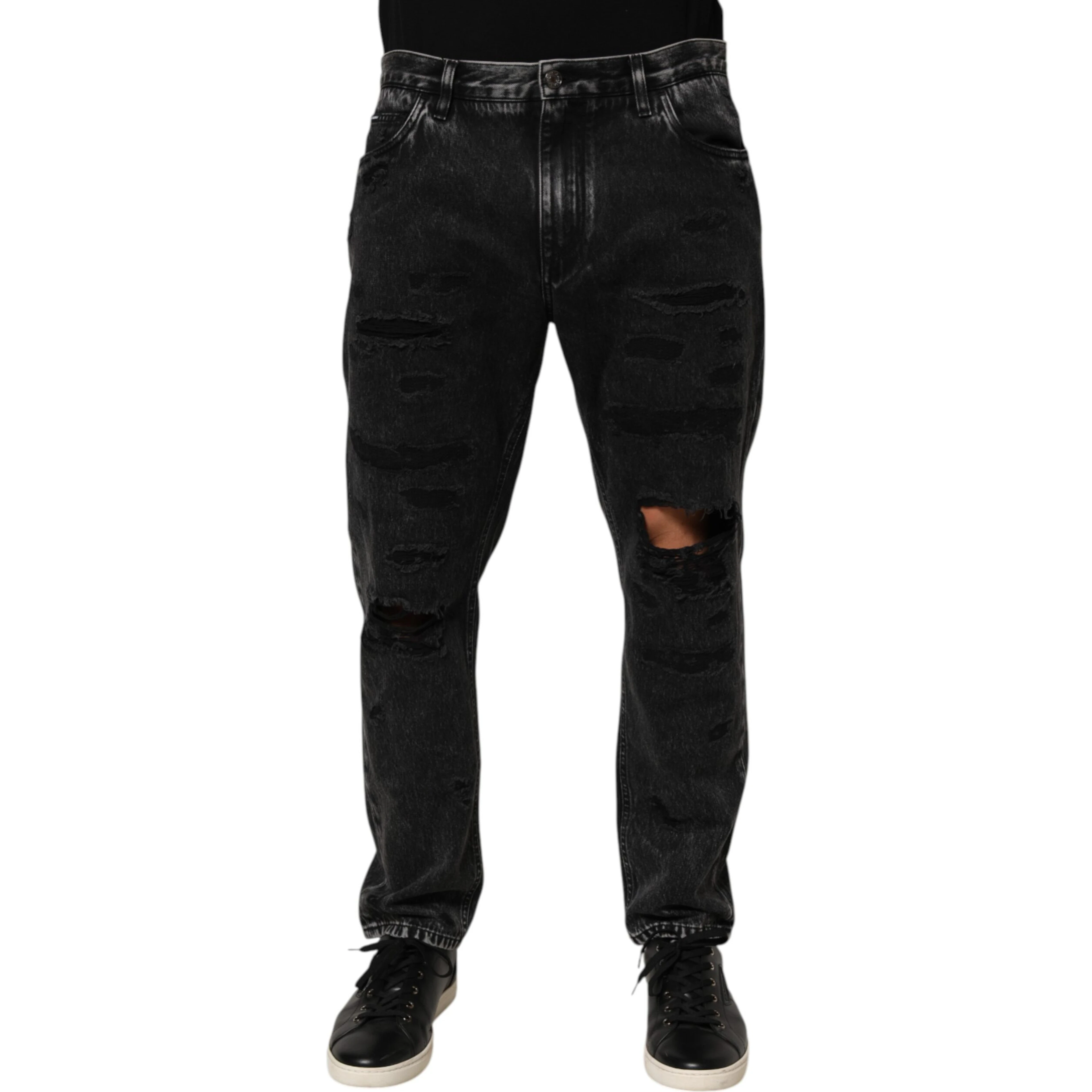 Black Washed Ripped Loose Cotton Denim Jeans