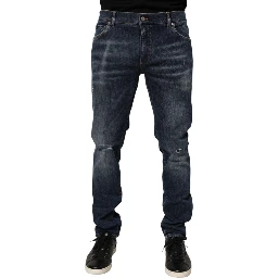 Dark Blue Washed Running Ripped Denim Jeans