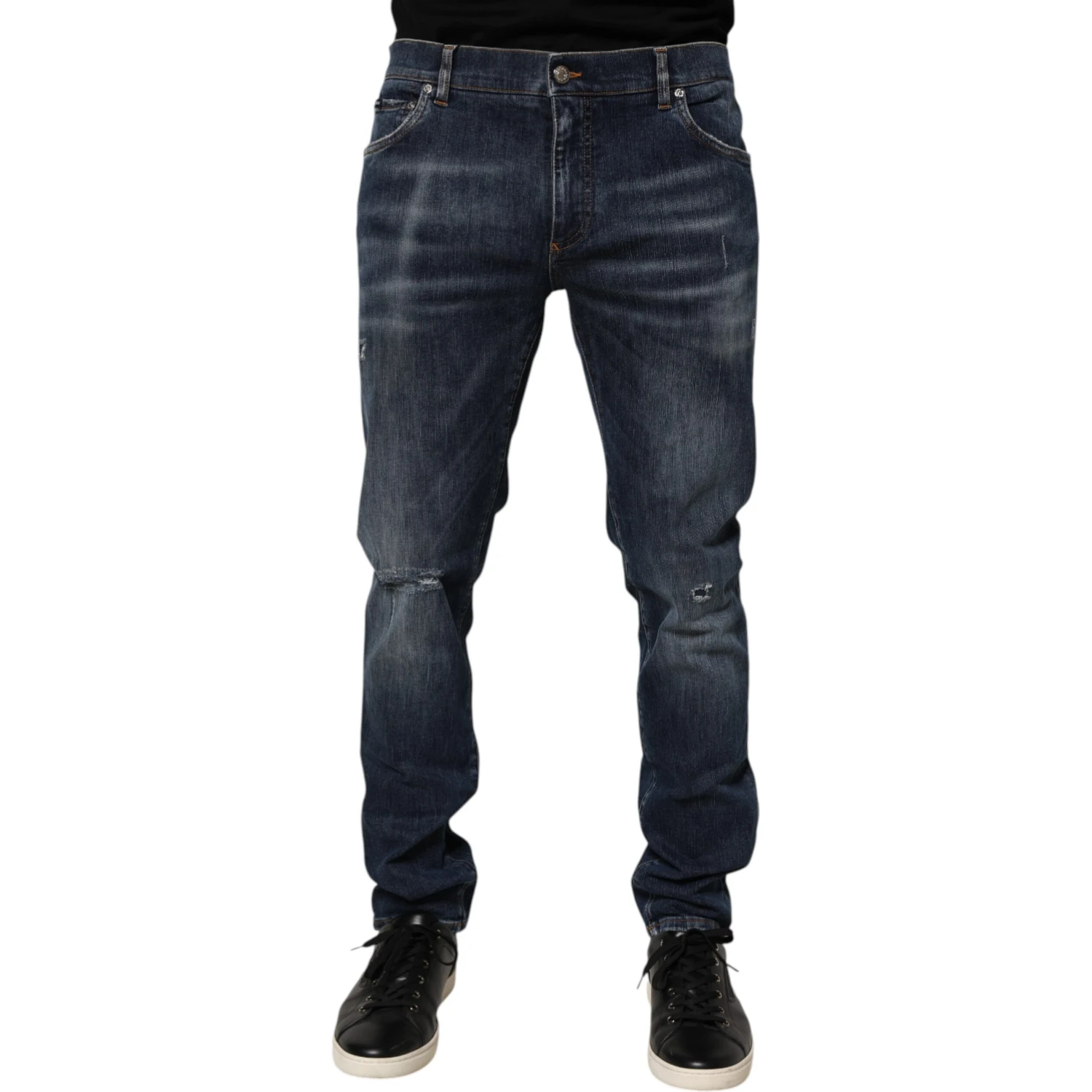Dark Blue Washed Running Ripped Denim Jeans