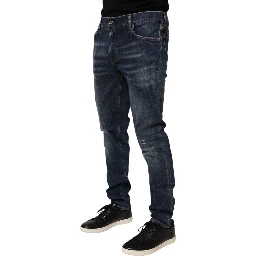 Dark Blue Washed Running Ripped Denim Jeans