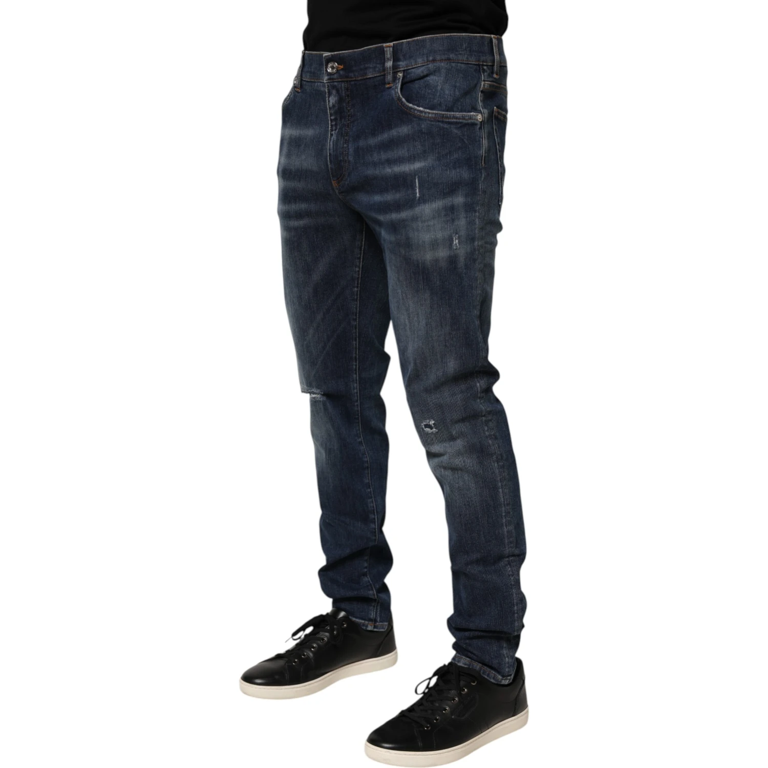 Dark Blue Washed Running Ripped Denim Jeans