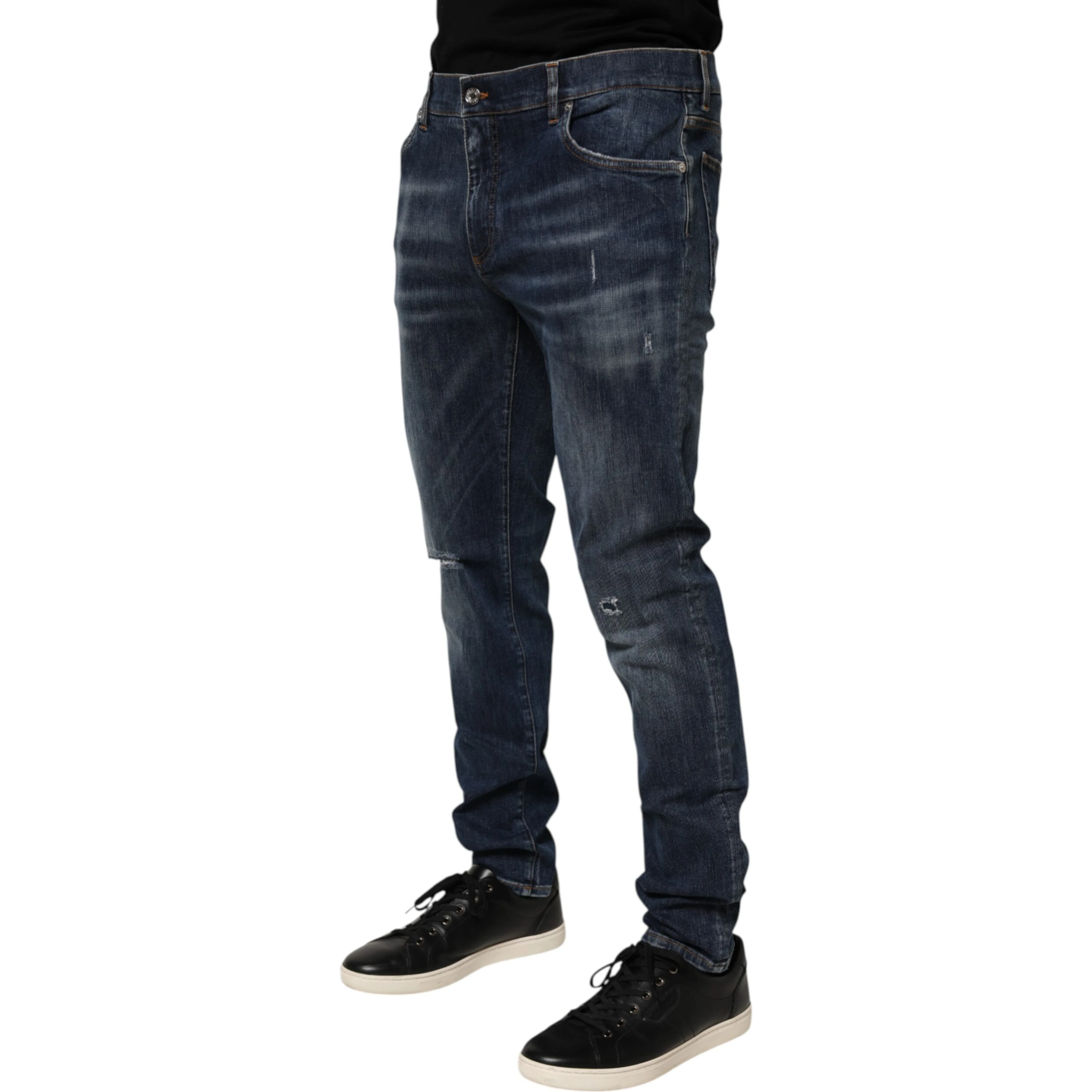 Dark Blue Washed Running Ripped Denim Jeans