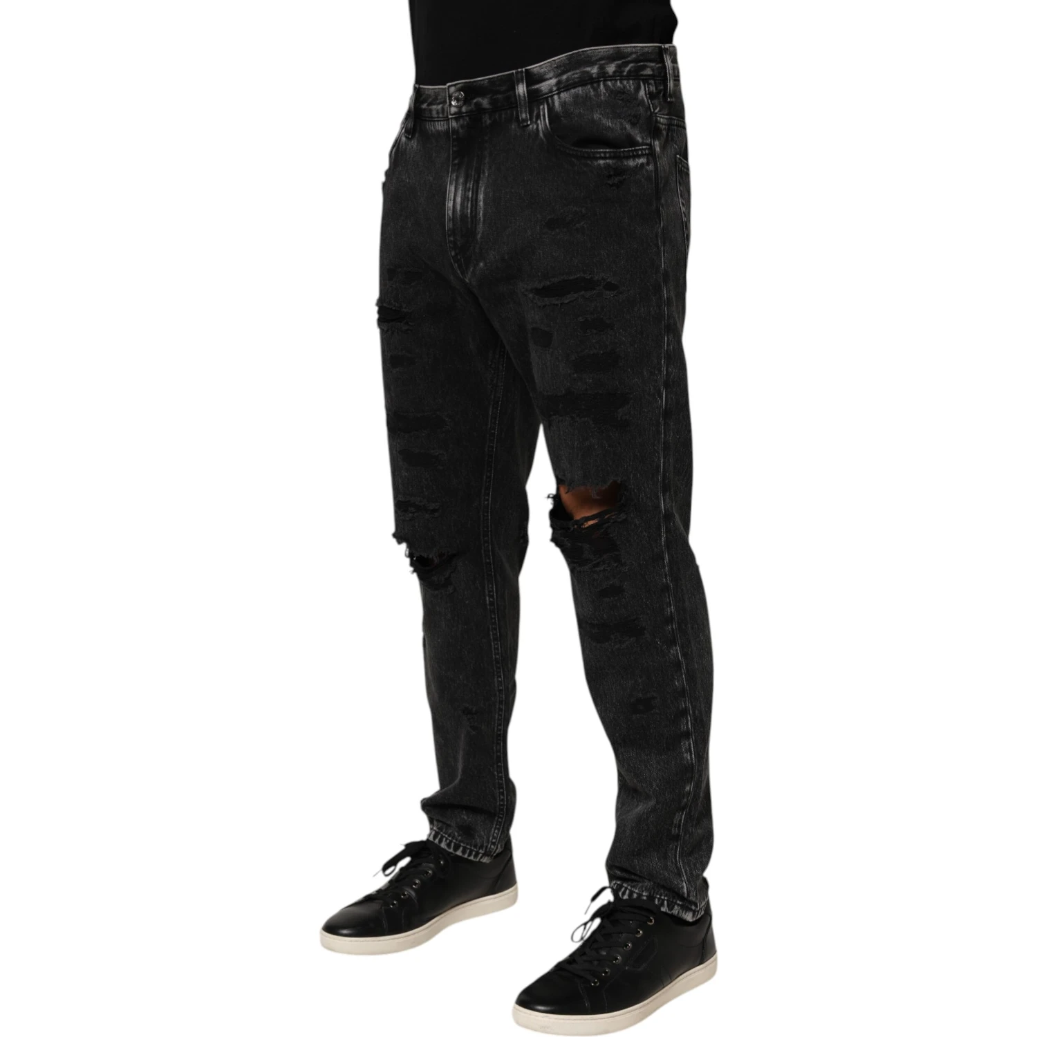 Black Washed Ripped Loose Cotton Denim Jeans