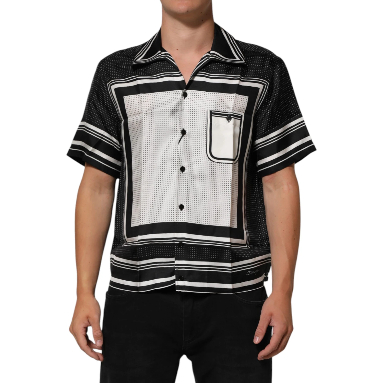 Black White StripeDot Print Casual Polo Shirt