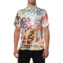 White Silk Hawaiian Graffiti Print Men Casual Shirt