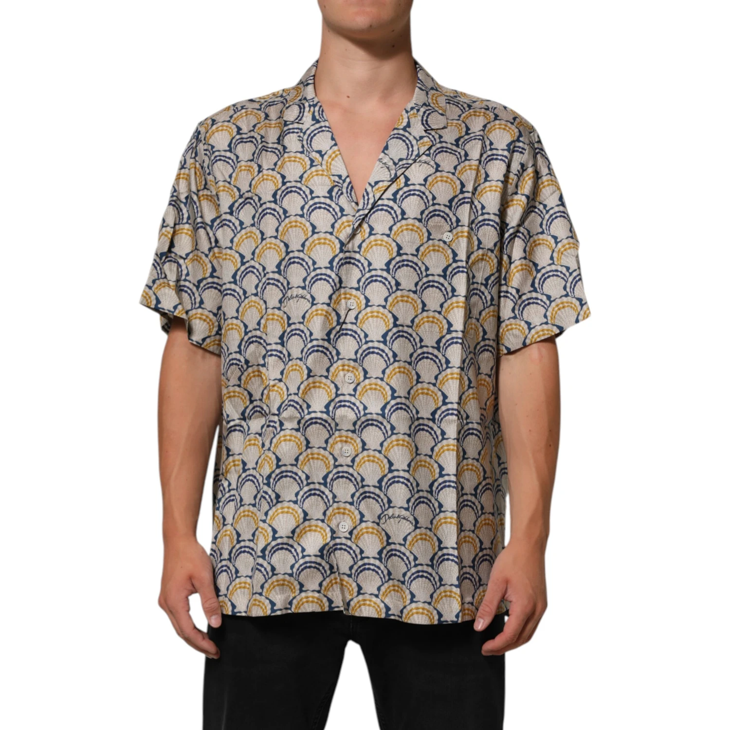Cream Cotton Silk Hawaii Scallop Shell Print Shirt