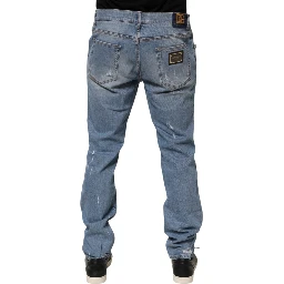 Blue Tattered Slim Fit Cotton Denim Jeans