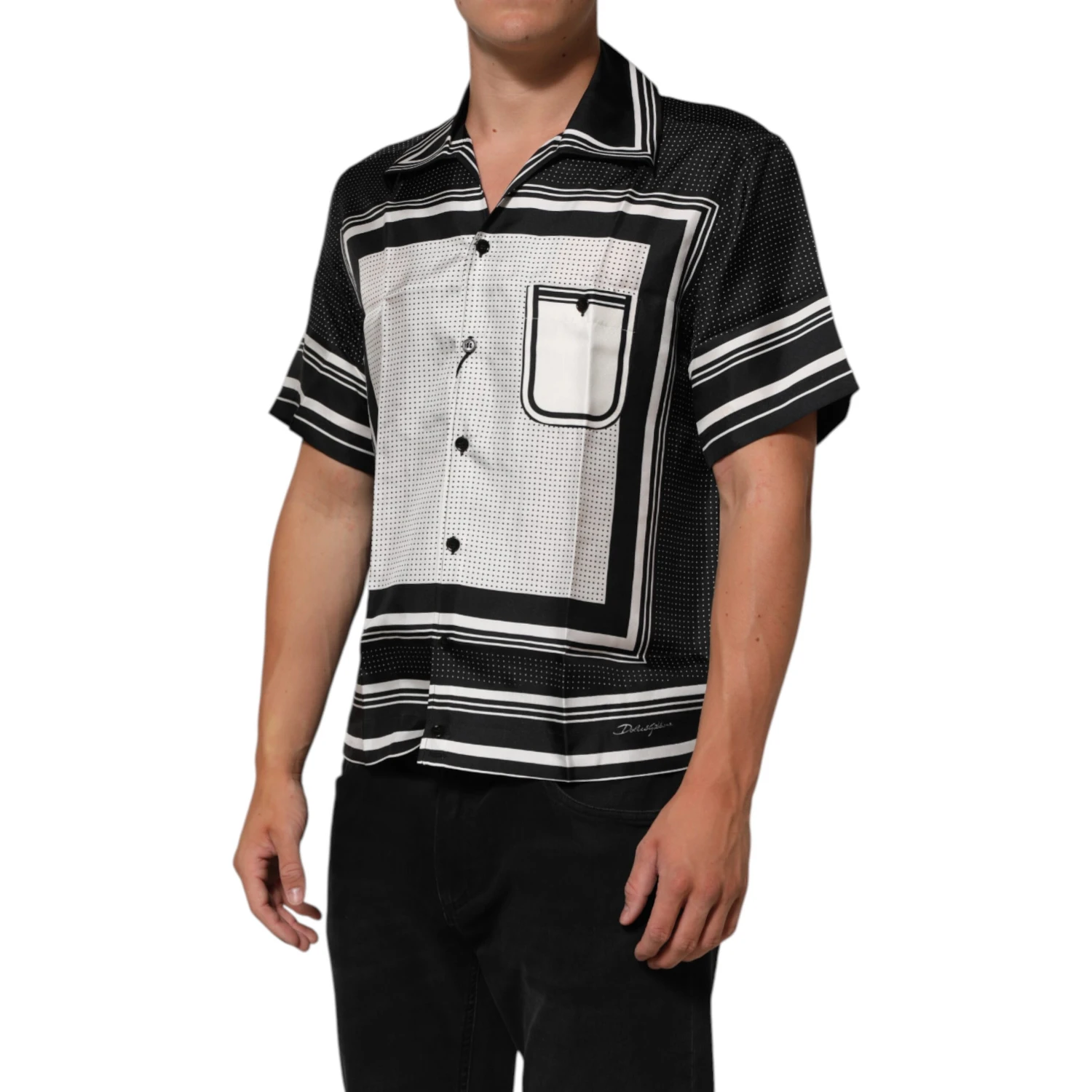 Black White StripeDot Print Casual Polo Shirt