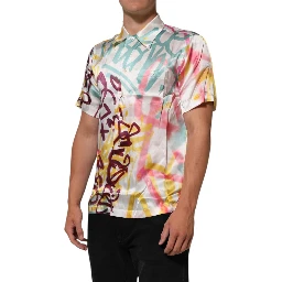 White Silk Hawaiian Graffiti Print Men Casual Shirt