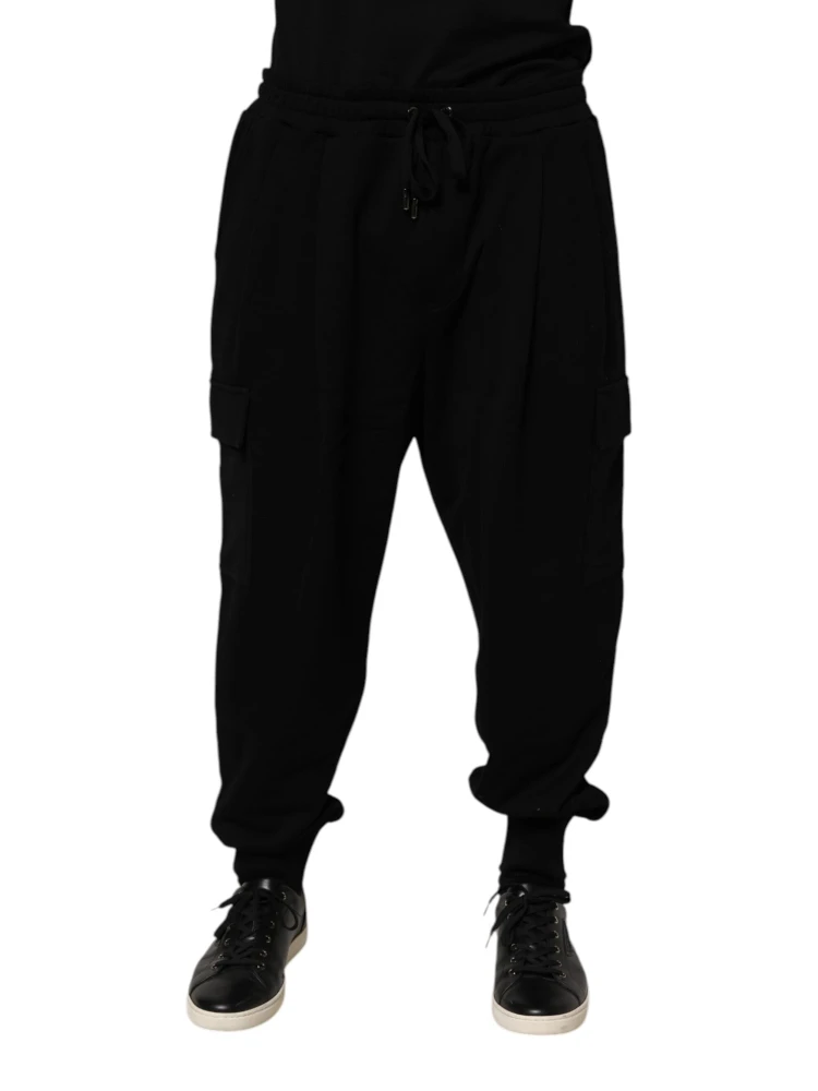 Black Cotton Blend Cargo Joggers Drawstring Pants