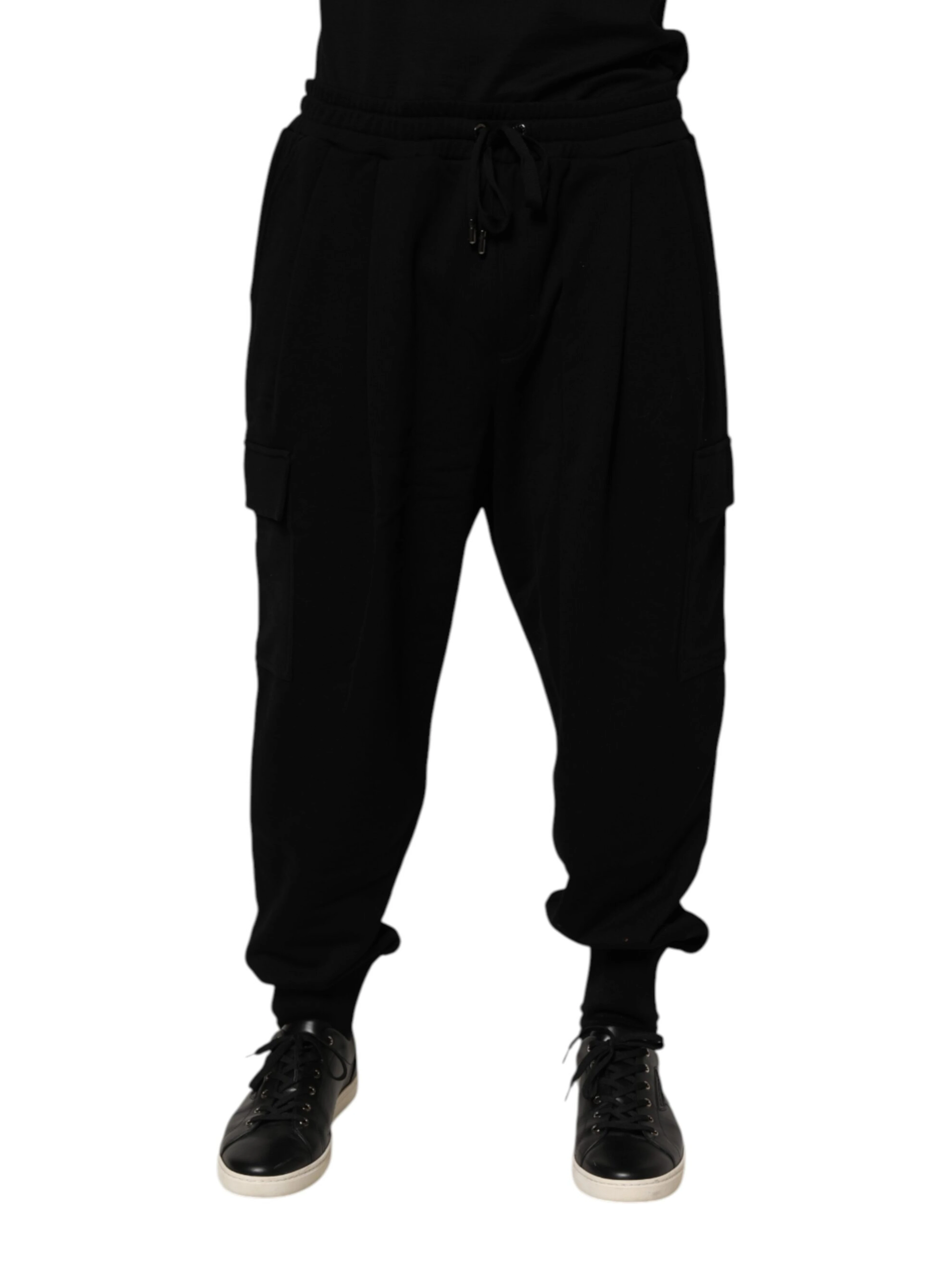 Black Cotton Blend Cargo Joggers Drawstring Pants