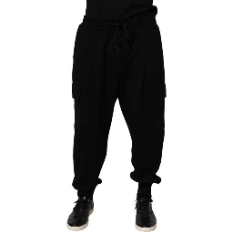 Black Cotton Blend Cargo Joggers Drawstring Pants