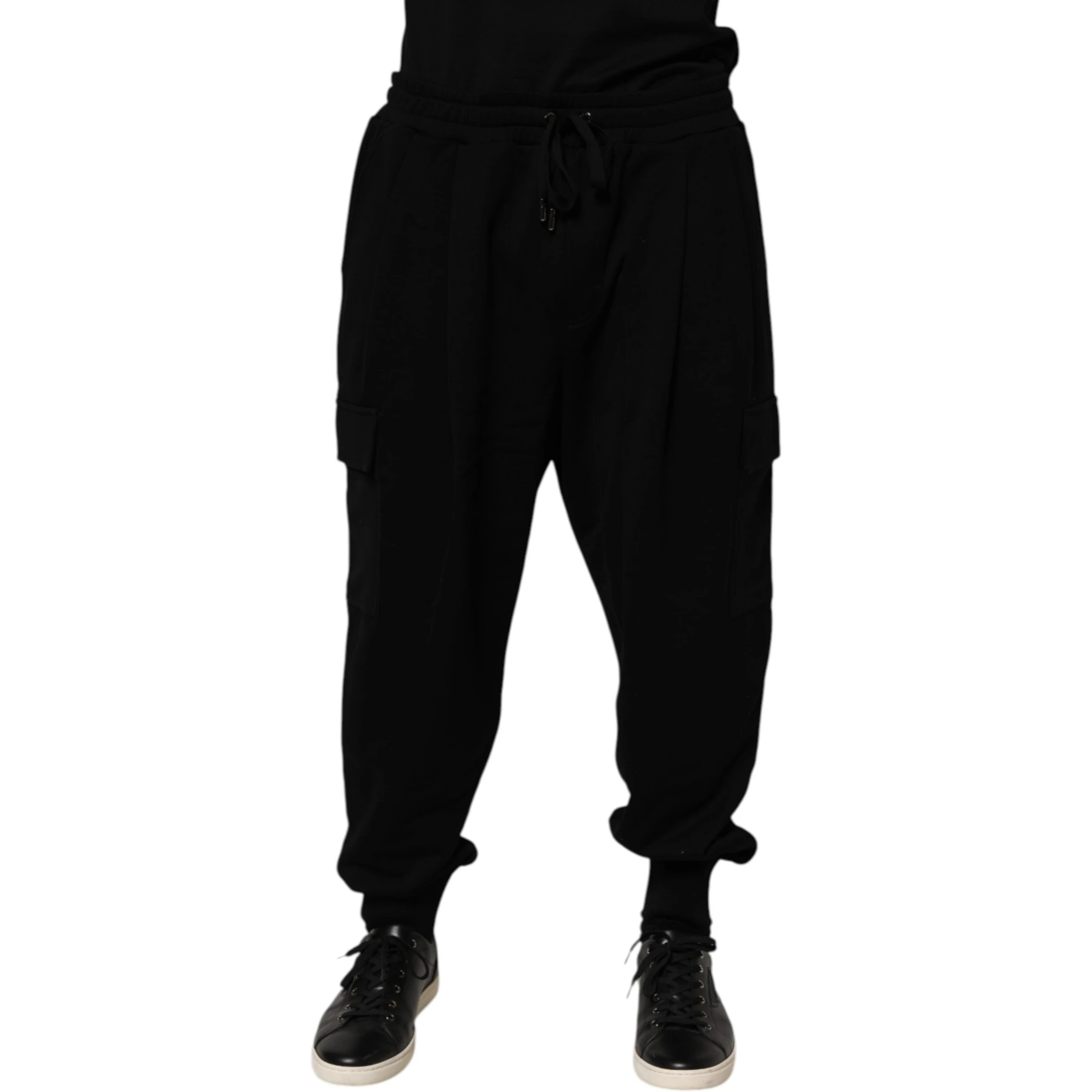 Black Cotton Blend Cargo Joggers Drawstring Pants