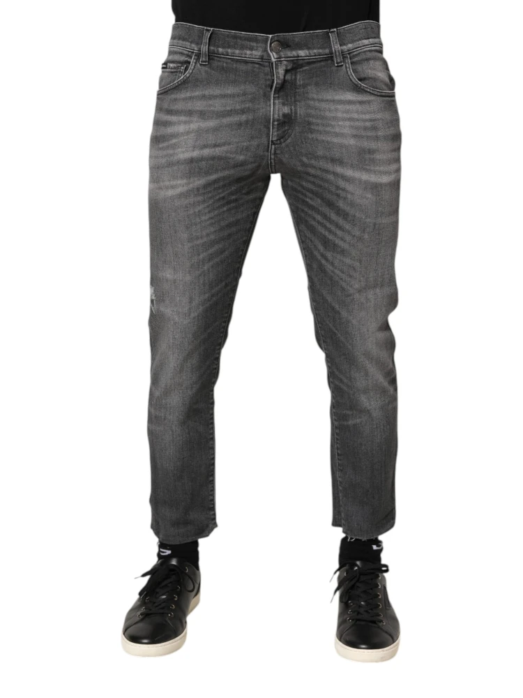 Grey Cotton Denim Slim Fit Distressed Pants Jeans