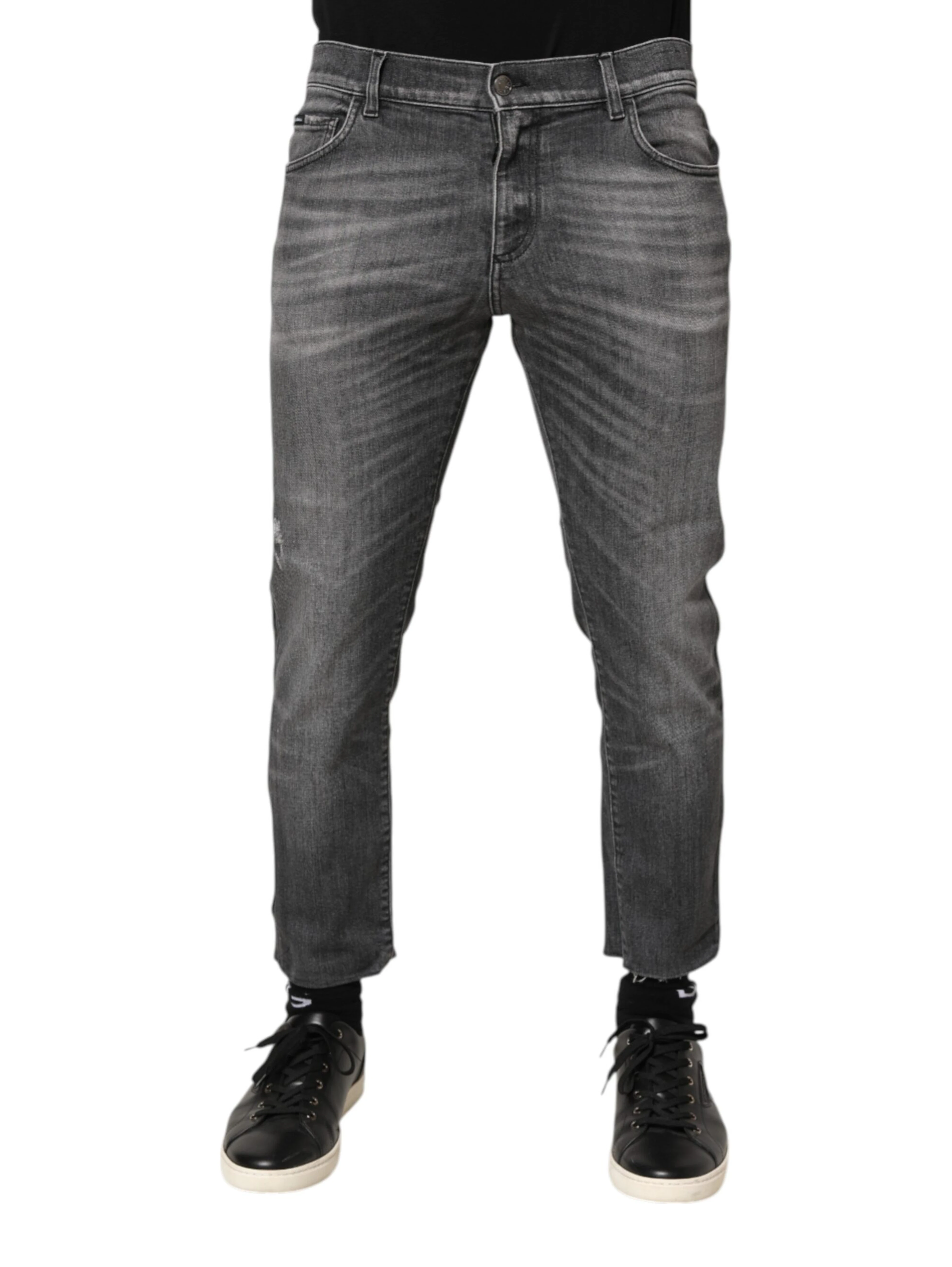Grey Cotton Denim Slim Fit Distressed Pants Jeans