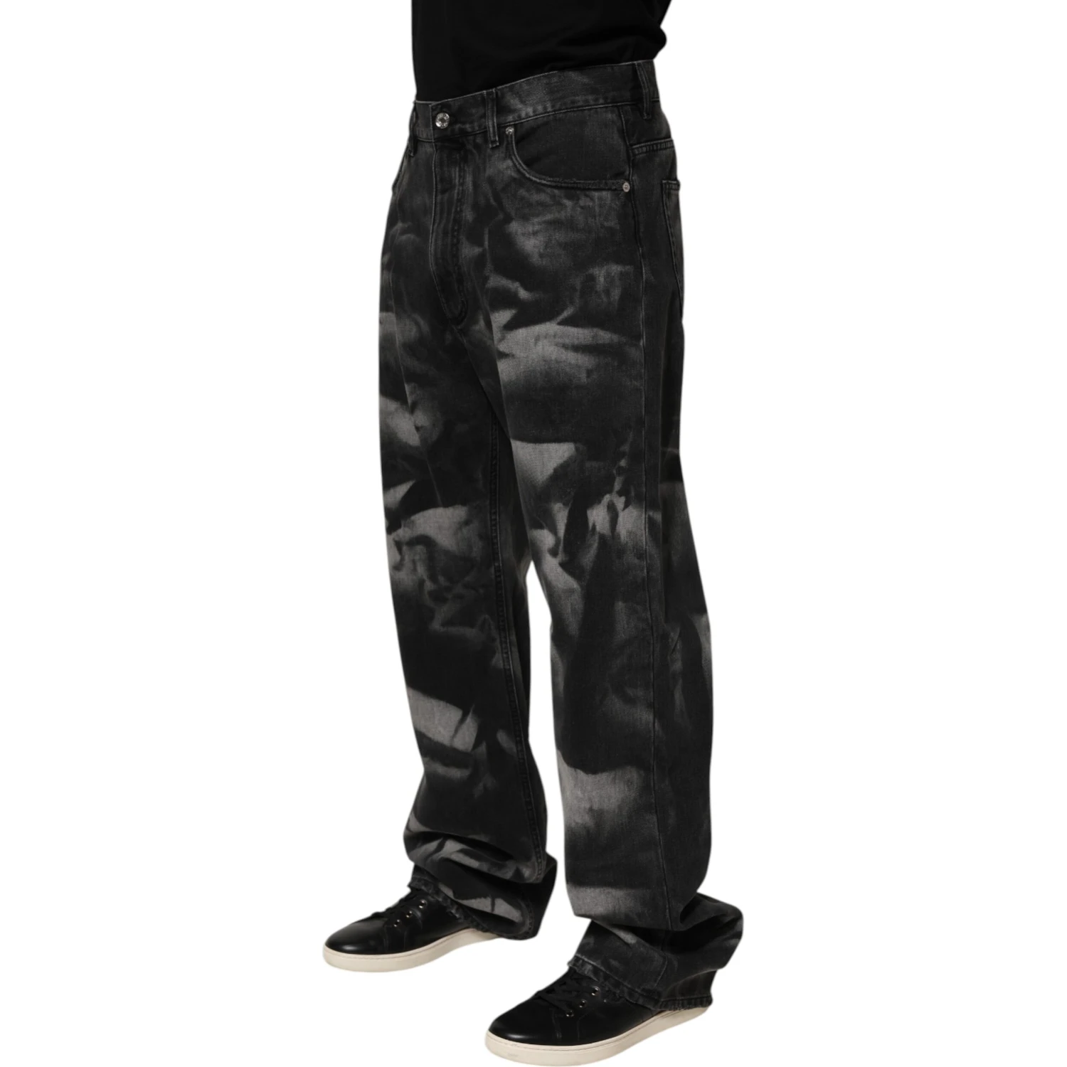 Black Marbled Effect Straight Men Denim Jeans