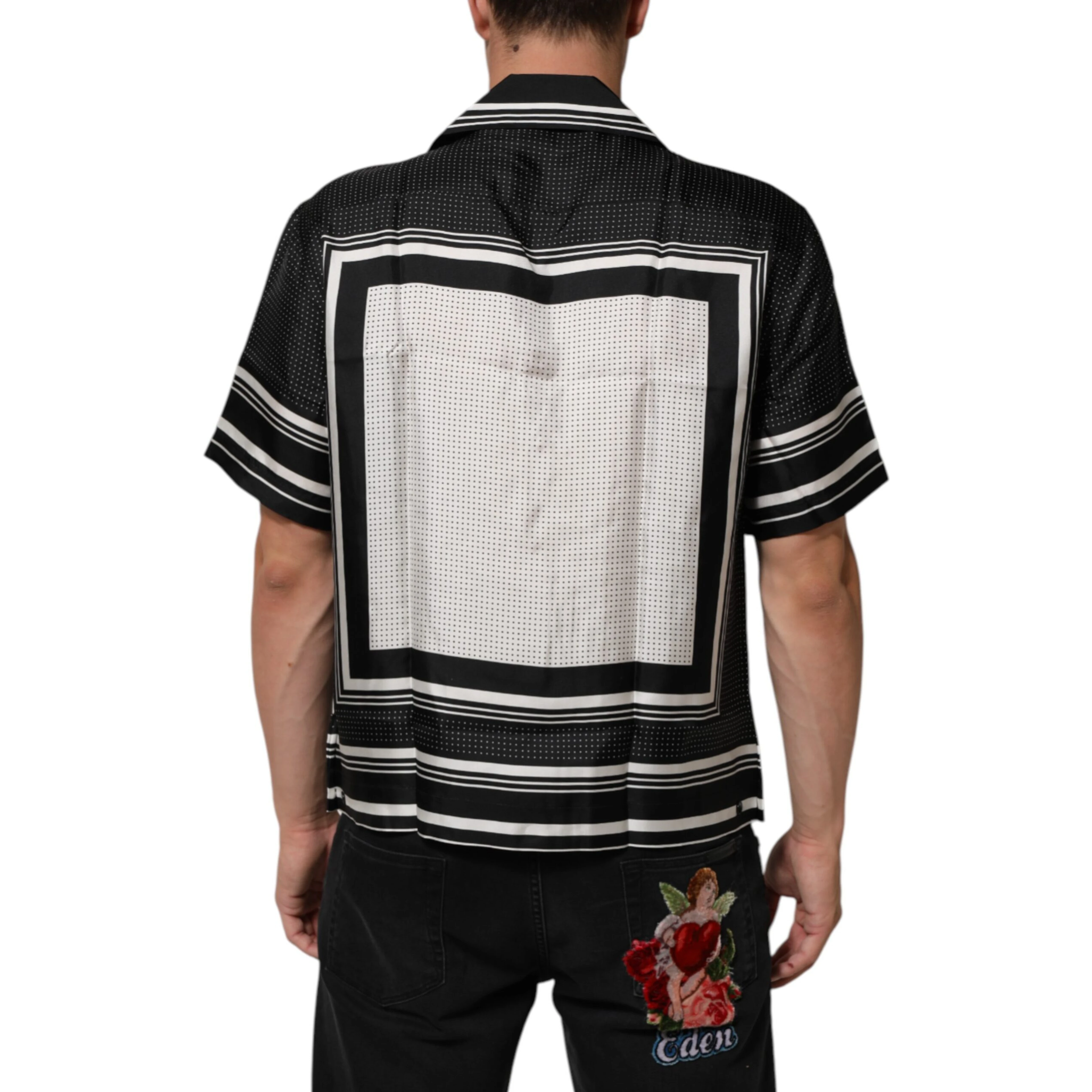 Black White StripeDot Print Casual Polo Shirt