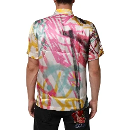 White Silk Hawaiian Graffiti Print Men Casual Shirt