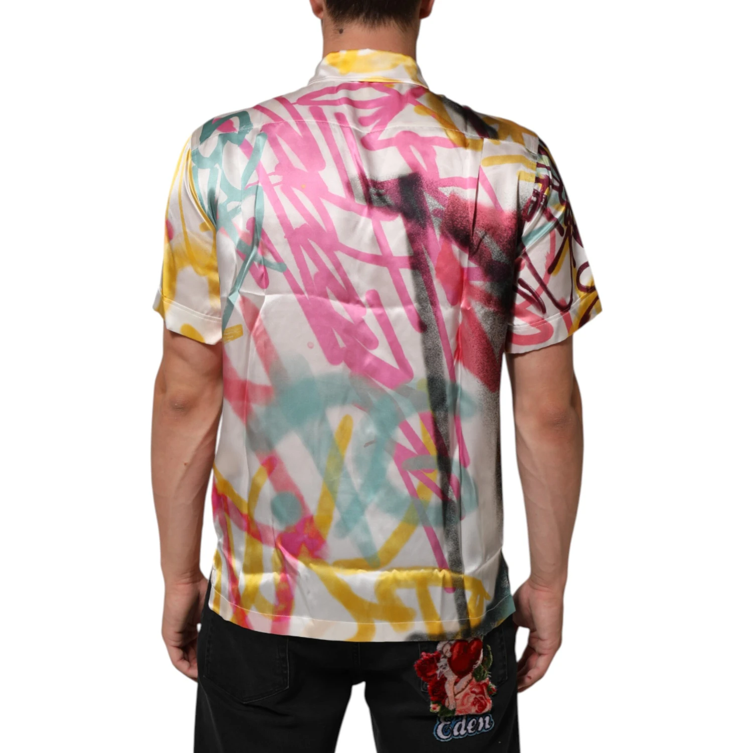 White Silk Hawaiian Graffiti Print Men Casual Shirt