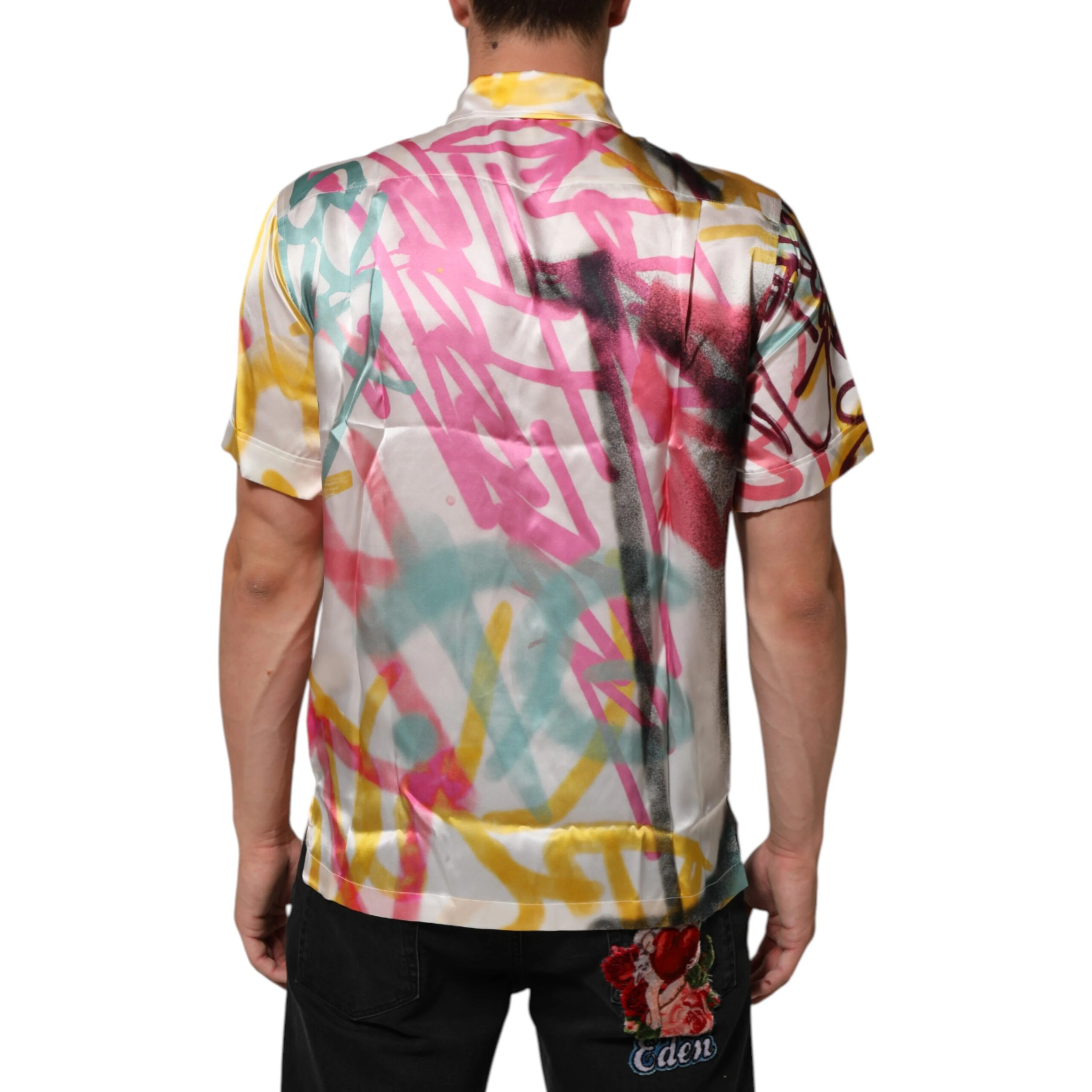 White Silk Hawaiian Graffiti Print Men Casual Shirt