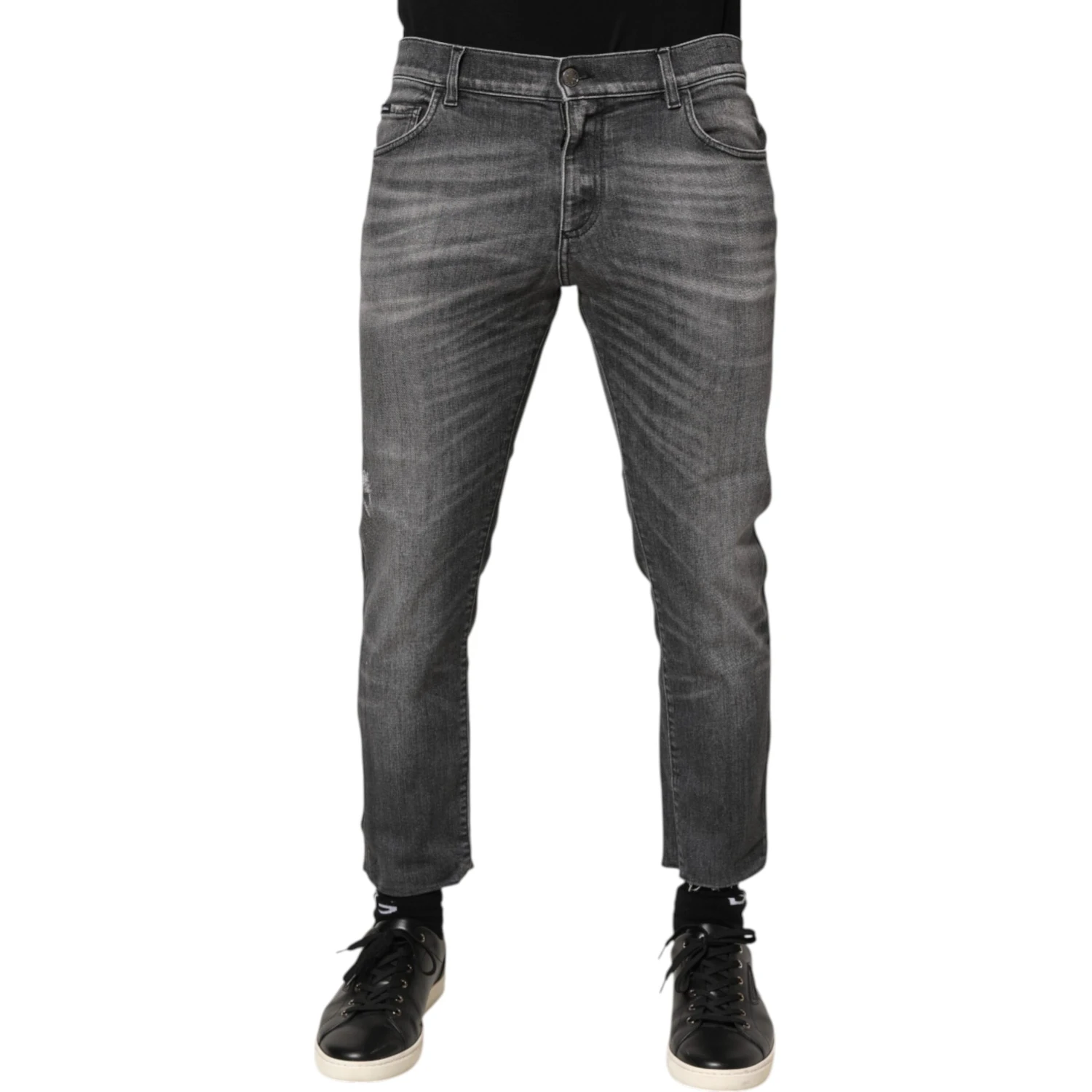 Grey Cotton Denim Slim Fit Distressed Pants Jeans