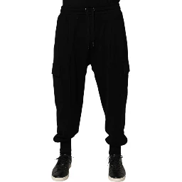 Black Cotton Blend Cargo Joggers Drawstring Pants