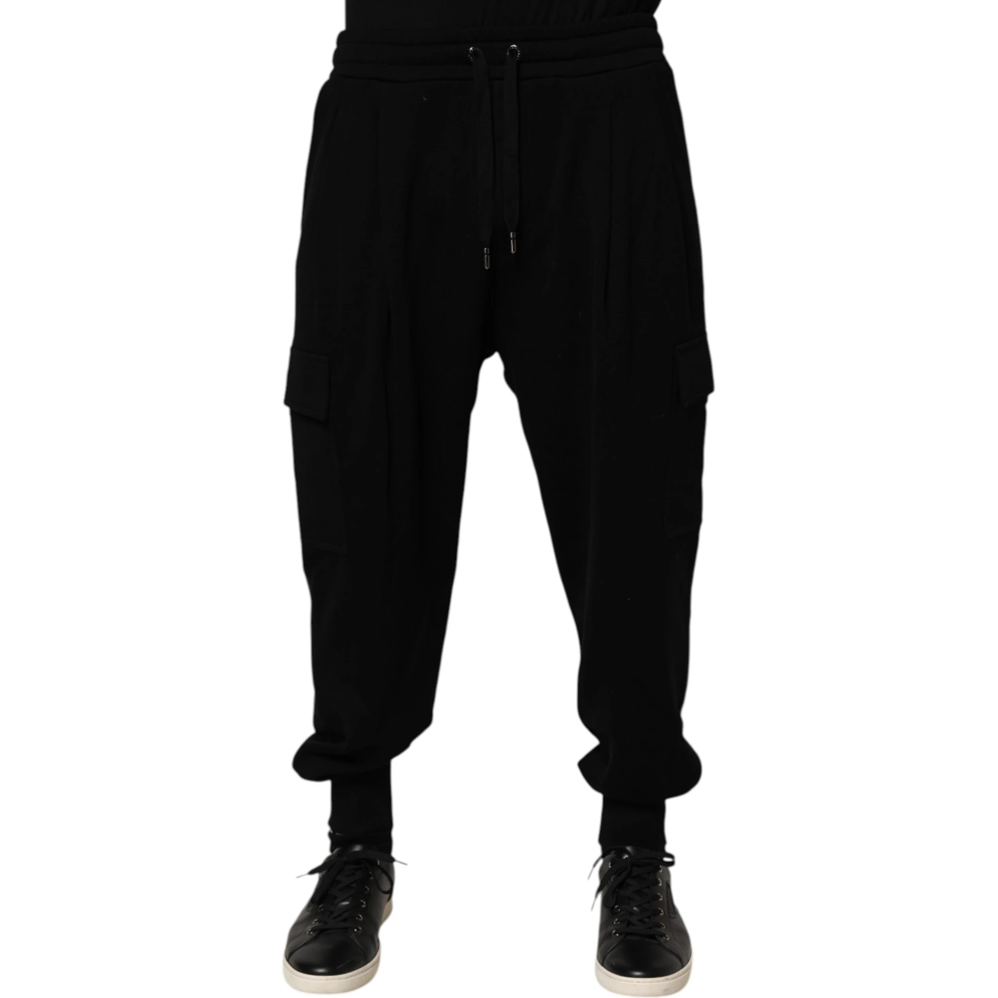 Black Cotton Blend Cargo Joggers Drawstring Pants