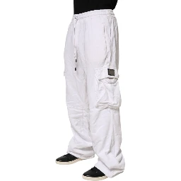 White Cotton Cargo Trousers Logo Patch Pants