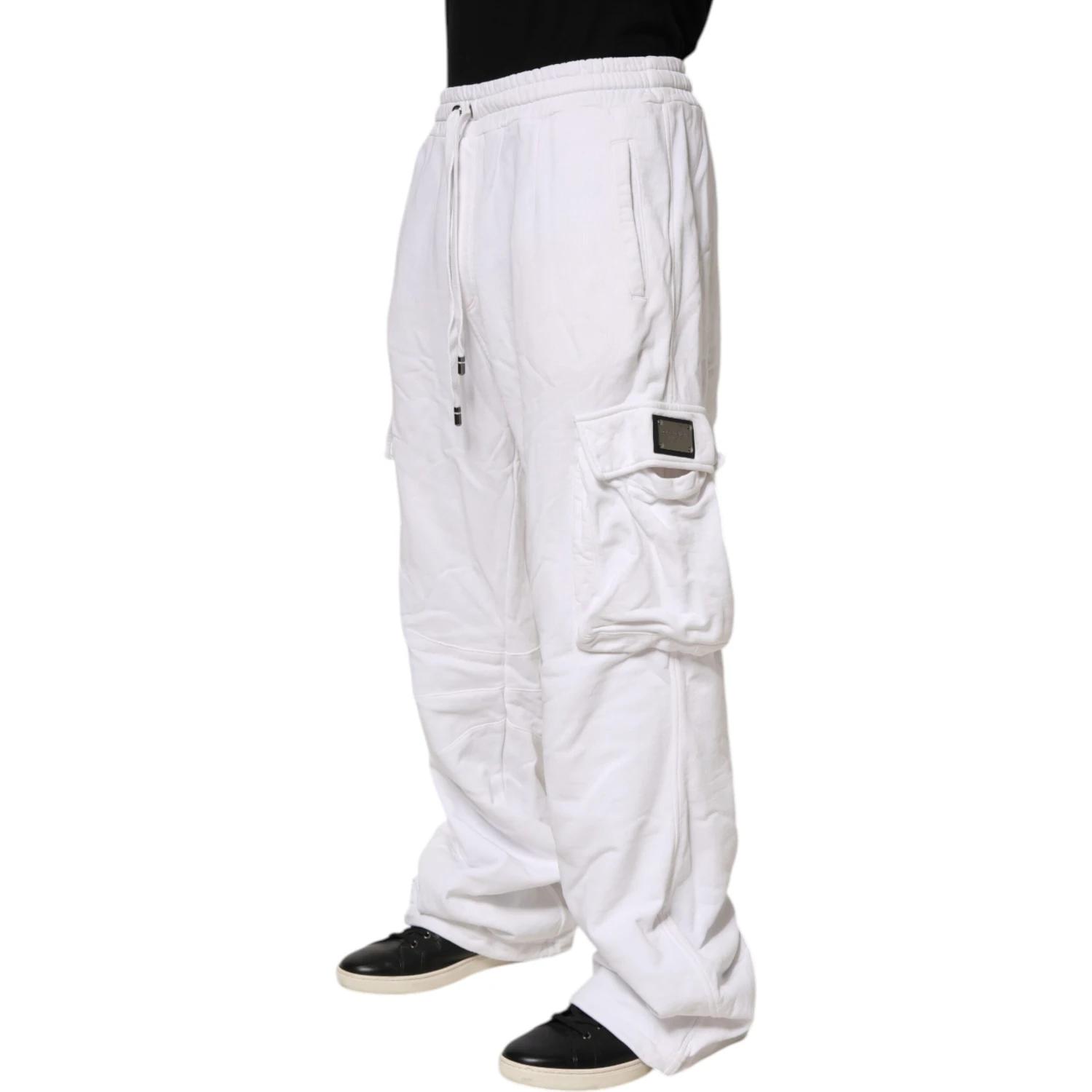 White Cotton Cargo Trousers Logo Patch Pants