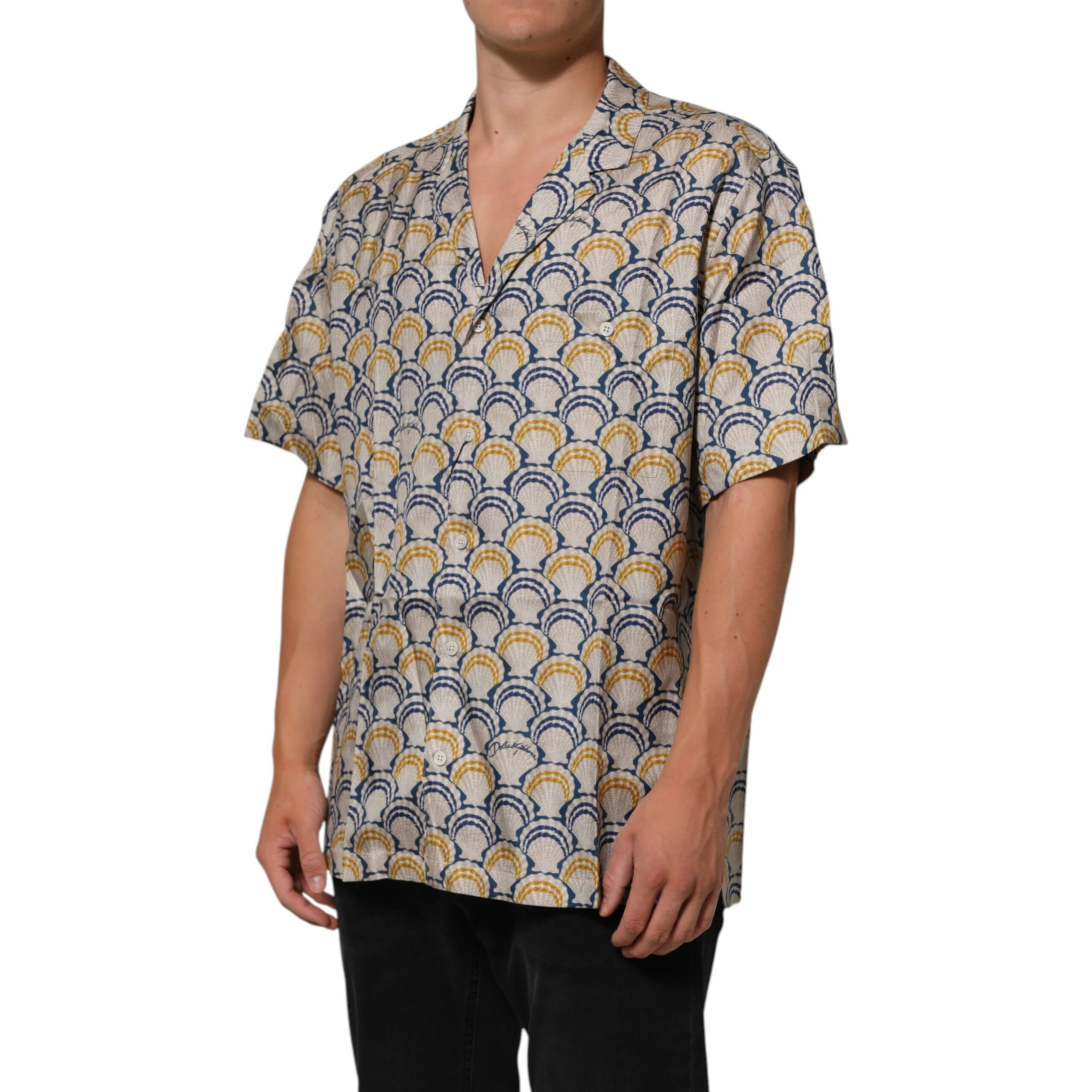 Cream Cotton Silk Hawaii Scallop Shell Print Shirt