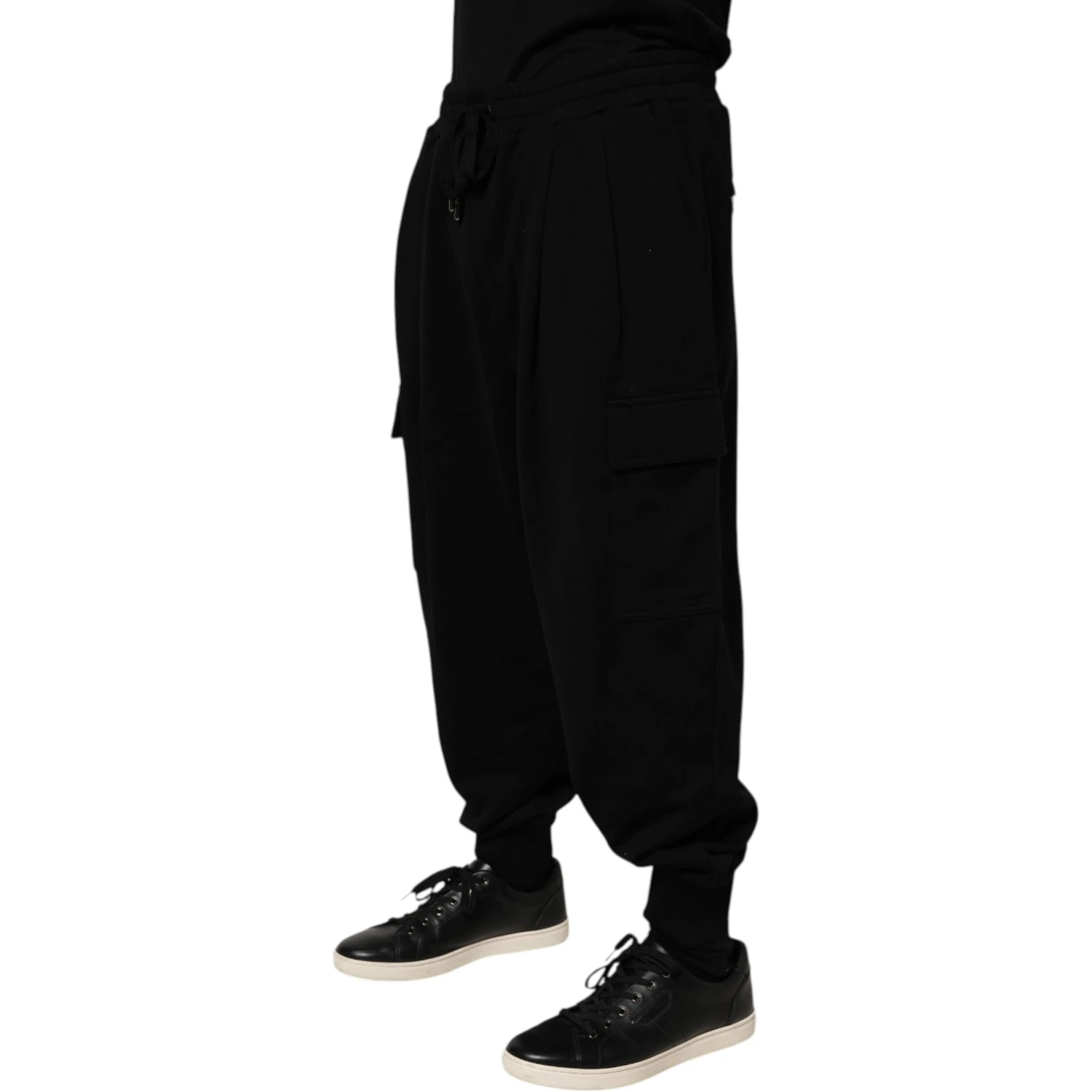 Black Cotton Blend Cargo Joggers Drawstring Pants