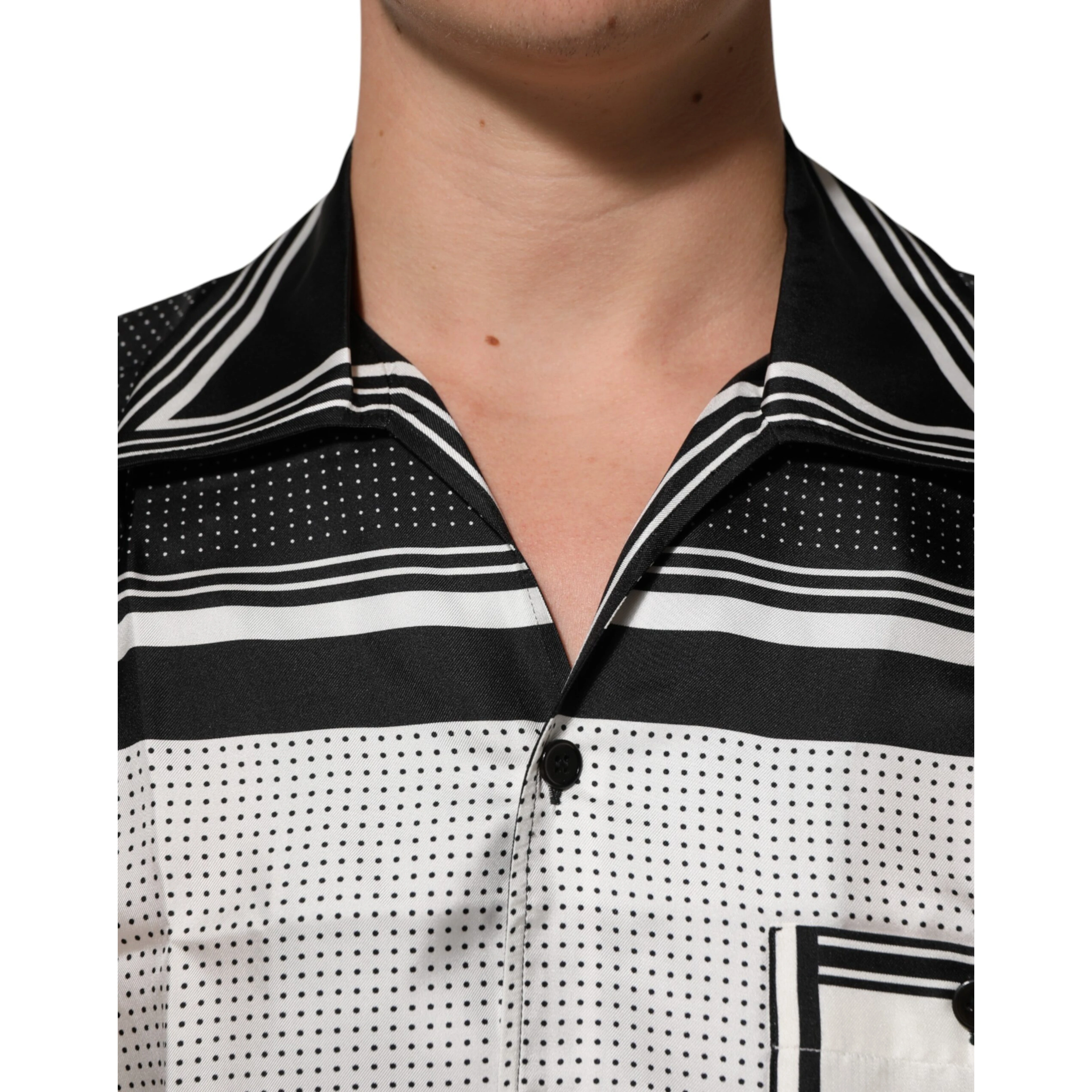 Black White StripeDot Print Casual Polo Shirt