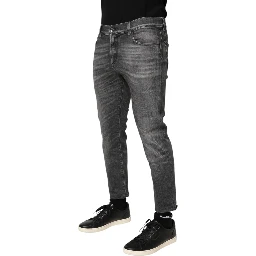 Grey Cotton Denim Slim Fit Distressed Pants Jeans