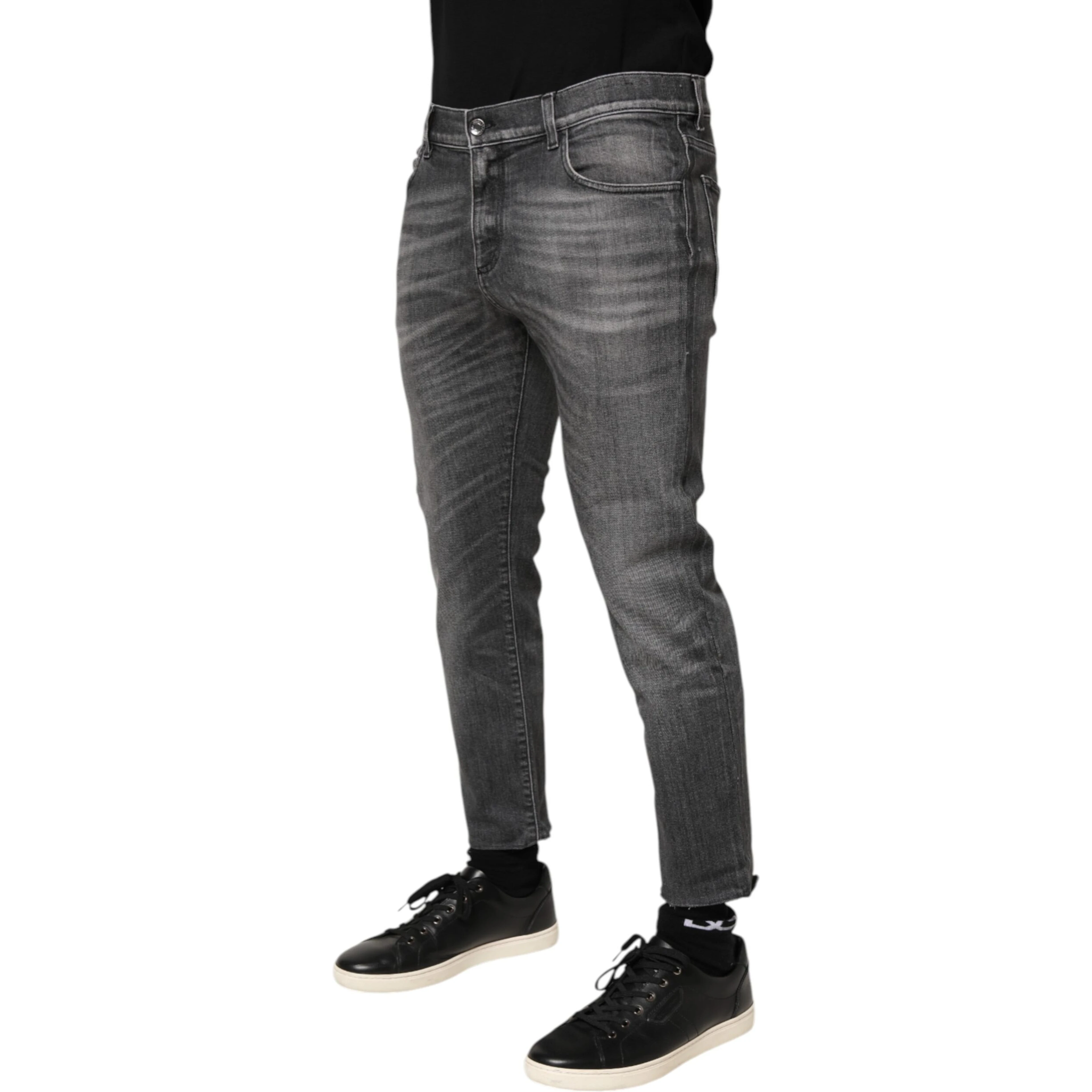 Grey Cotton Denim Slim Fit Distressed Pants Jeans