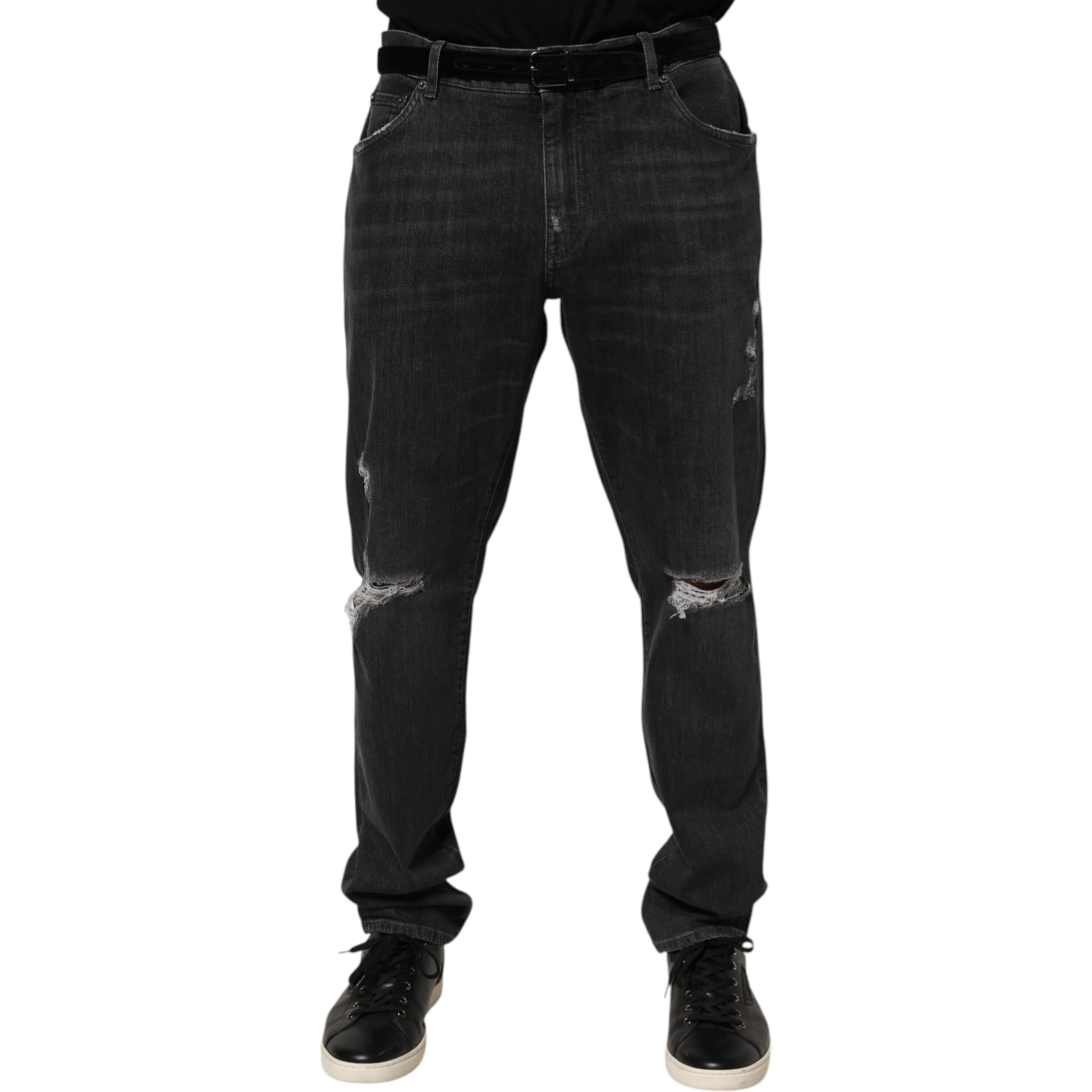 Black Cotton Slim Fit Distressed Ripped Logo Jeans