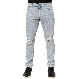 Light Blue Distressed Slim Fit Ripped Denim Jeans