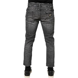 Grey Cotton Denim Slim Fit Distressed Pants Jeans