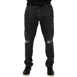 Black Cotton Slim Fit Distressed Ripped Logo Jeans