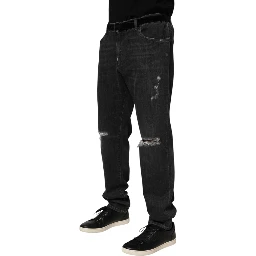 Black Cotton Slim Fit Distressed Ripped Logo Jeans