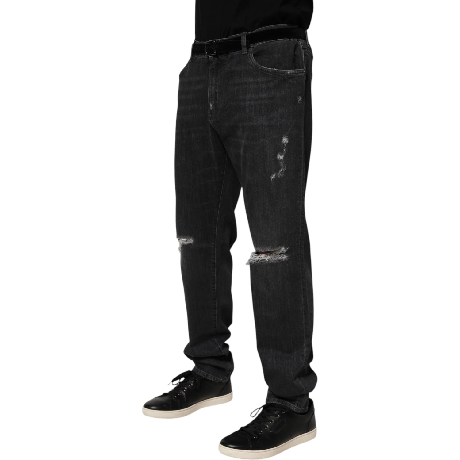 Black Cotton Slim Fit Distressed Ripped Logo Jeans