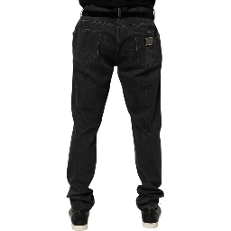 Black Cotton Slim Fit Distressed Ripped Logo Jeans