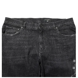 Black Cotton Slim Fit Distressed Ripped Logo Jeans
