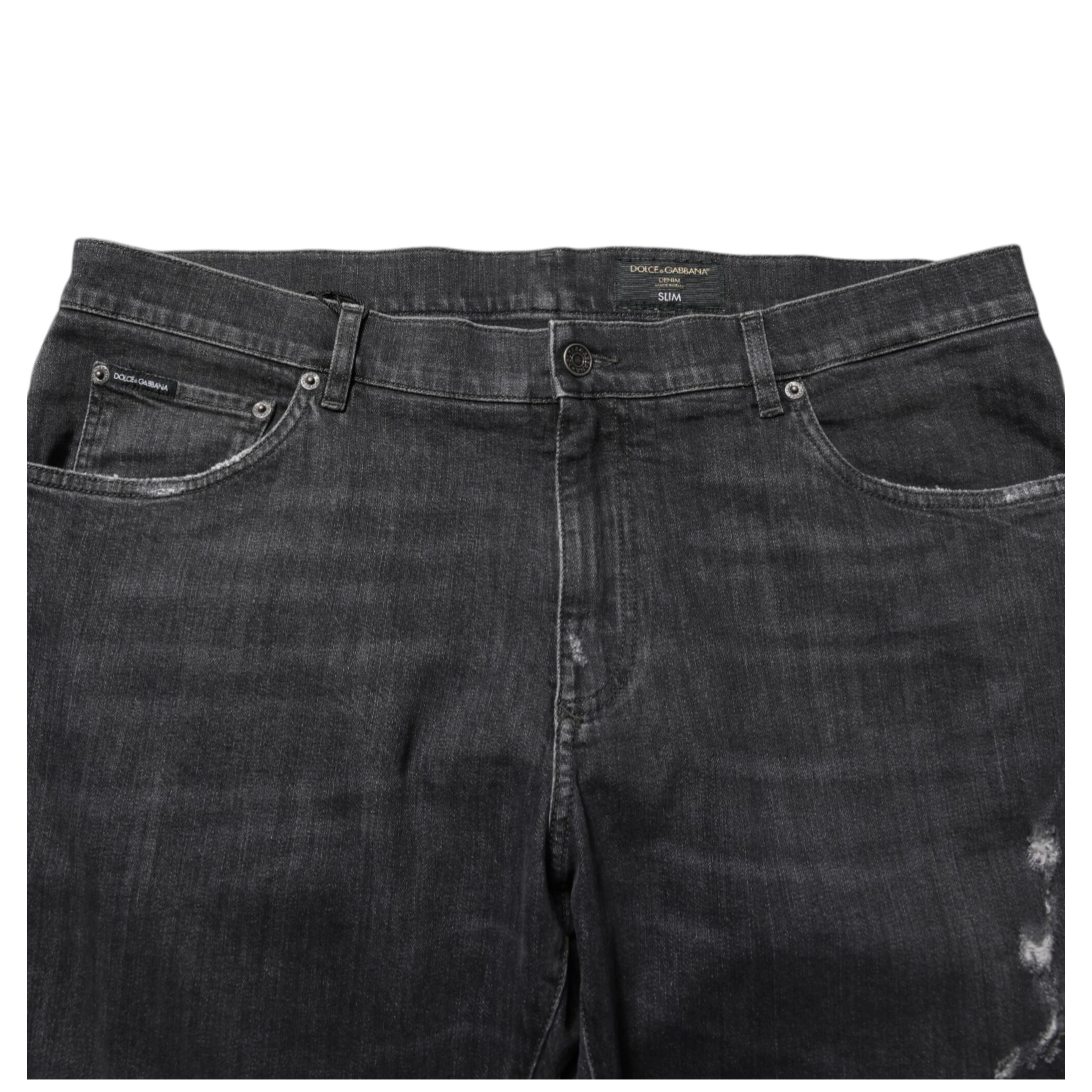 Black Cotton Slim Fit Distressed Ripped Logo Jeans