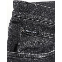 Black Cotton Slim Fit Distressed Ripped Logo Jeans