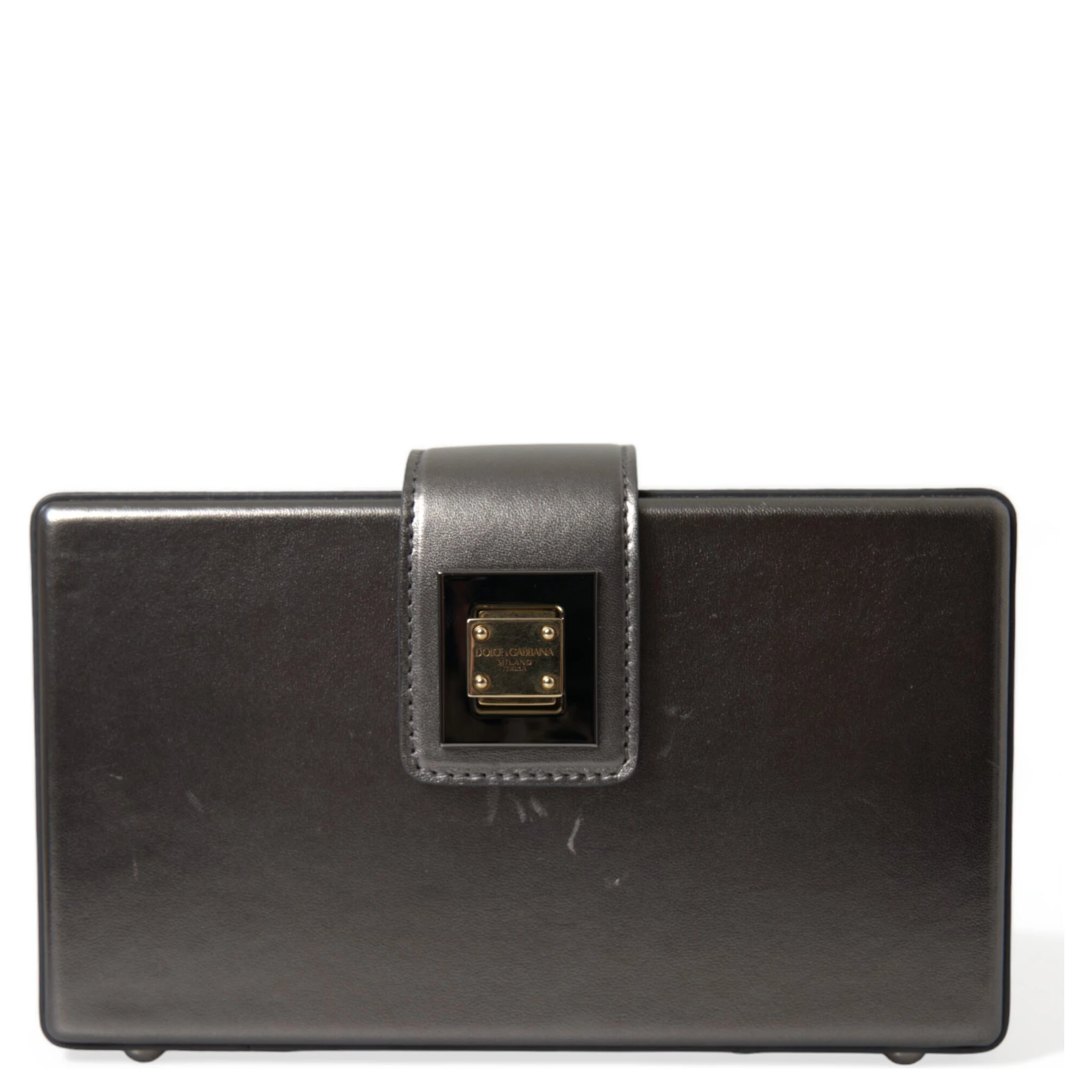 Steel Gray Leather Box Shape Shoulder Gold DG Logo Plaque Bag